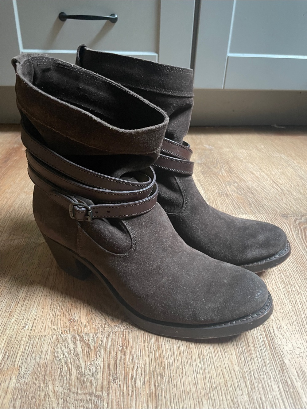 Frye Brown Suede Ankle Heeled Boots with Wrap Strap
